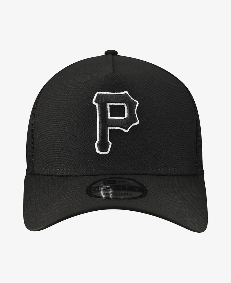 New Era Men's Black Pittsburgh Pirates Side Script 9FORTY A-Frame Trucker Adjustable Hat