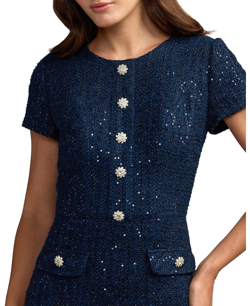 Mac Duggal Women's Sequin Tweed Short Sleeve A-Line Midi Dress