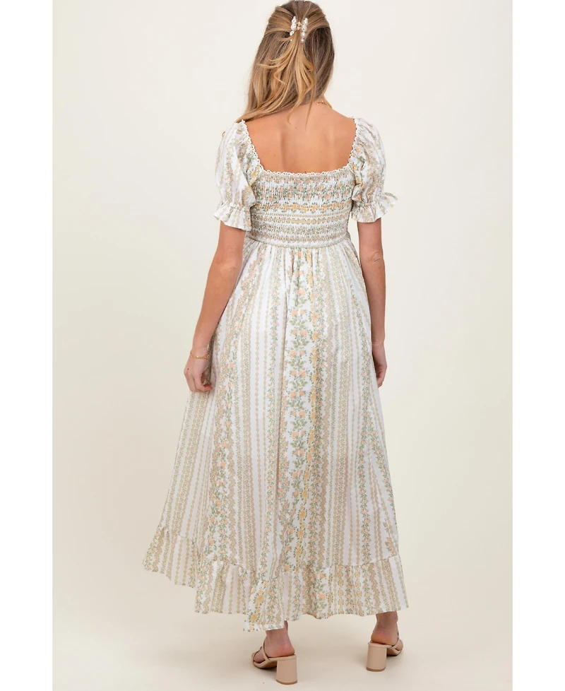 Pinkblush Women's Peach Floral Puff Sleeve Lace Trim Maxi Dress