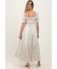 Pinkblush Women's Peach Floral Puff Sleeve Lace Trim Maxi Dress