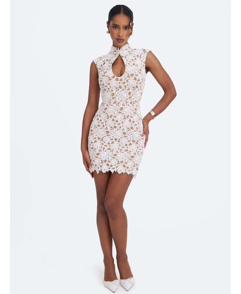 Miss Circle Women's Quinley White Cotton Lace Teardrop Neckline Mini Dress