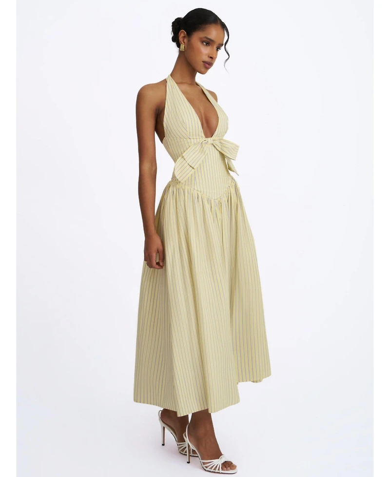 Miss Circle Women's Talise Lemon Yellow Cotton Poplin Stripe Plunging Halter Maxi Dress