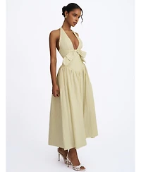 Miss Circle Women's Talise Lemon Yellow Cotton Poplin Stripe Plunging Halter Maxi Dress
