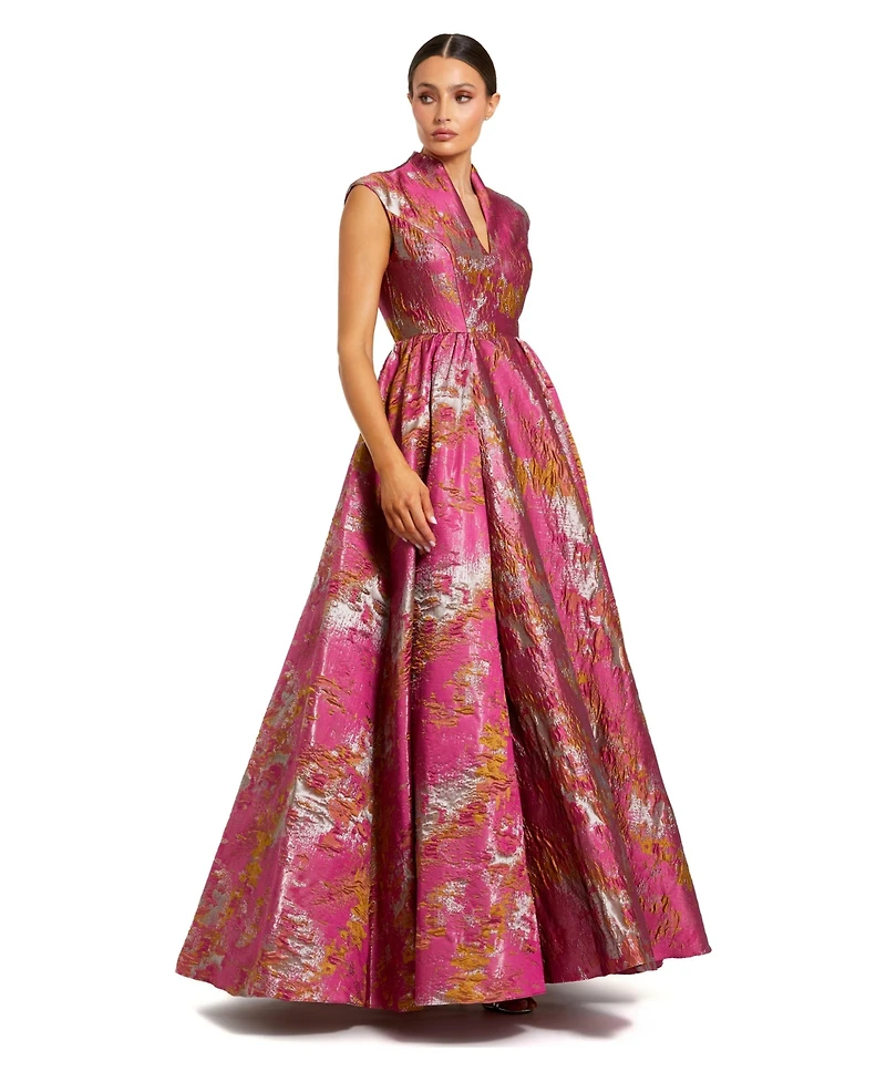 Mac Duggal Women's Metallic Jacquard Ball Gown with Shawl Collar