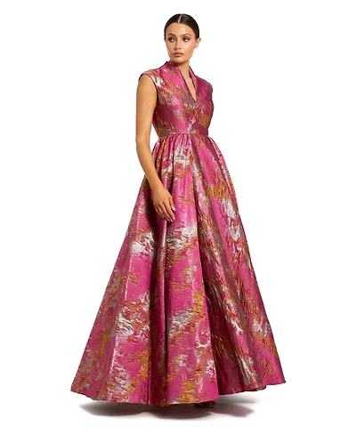 Mac Duggal Women's Metallic Jacquard Ball Gown with Shawl Collar