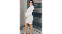 Pinkblush Women's Beige Ribbed Mock Neck Fitted Dress