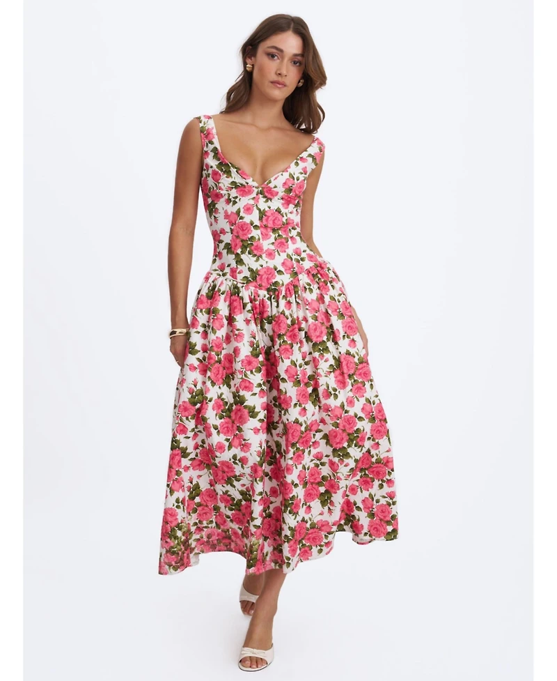 Miss Circle Women's Wilfreda Blooming Pink Floral Linen Sweetheart Midi Dress