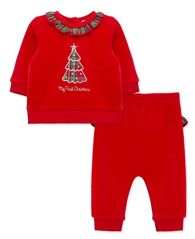 Little Me Baby Girls' Embroidered Plaid Christmas Tree Velour Top and Pants, 2-Piece Set