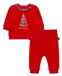 Little Me Baby Girls' Embroidered Plaid Christmas Tree Velour Top and Pants, 2-Piece Set