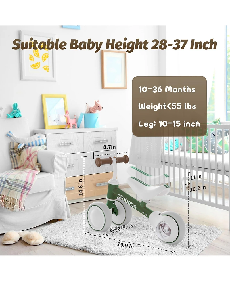 Allobebe Baby Balance Bike for Ages 1-3, 3-Wheel Ride-On with Adjustable Seat and Silent Wheels