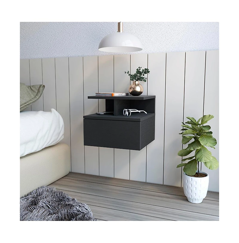 Flynama Wengue Floating Nightstand, Wall-Mounted Single Drawer and Top Shelf Storage Side Table