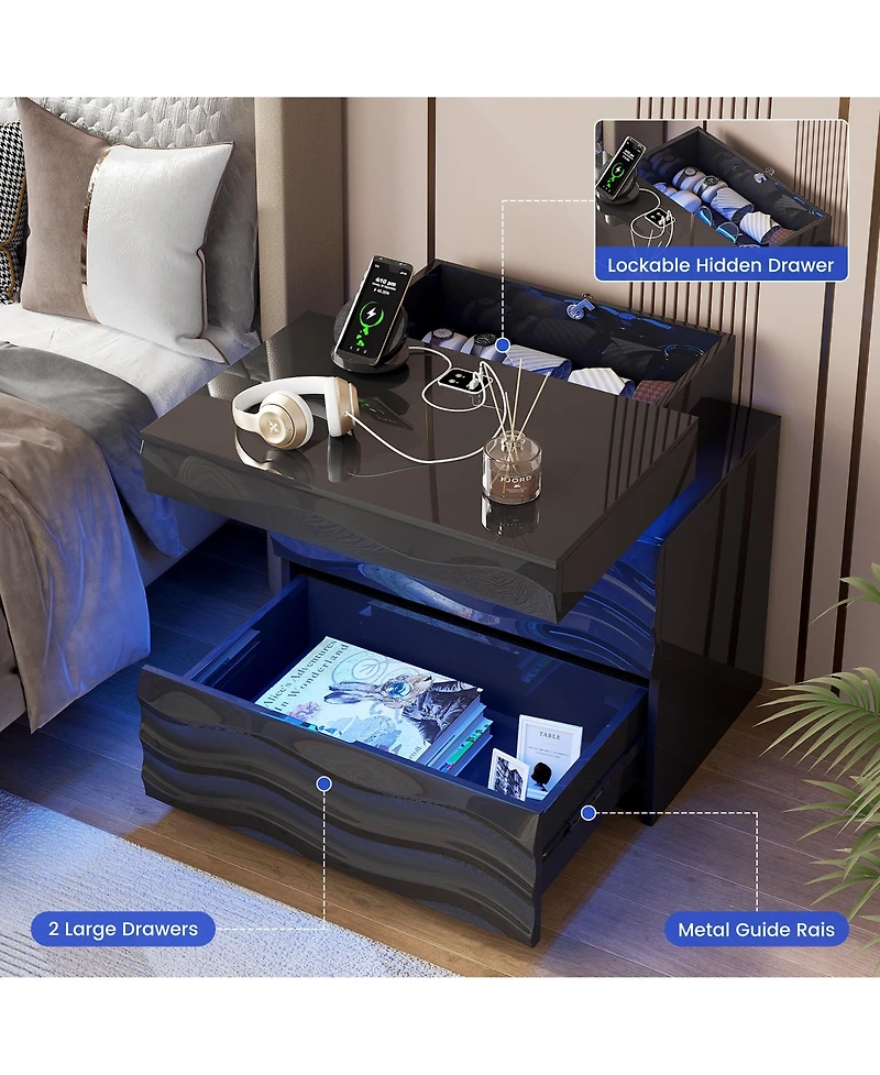 Vlsrka 23.6" Wide Nightstand Set of 2 - Drawers, Hidden Storage, Led Light