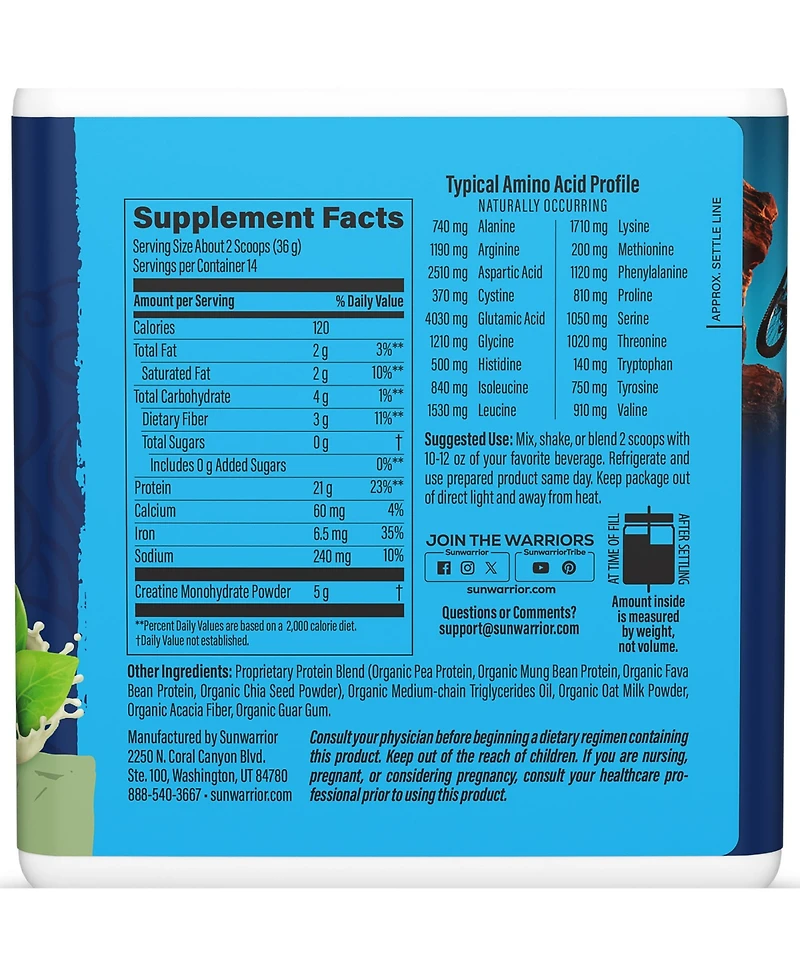 Sunwarrior Warrior Blend Protein Powder with Creatine, 21 Gram Protein, 14 Servings