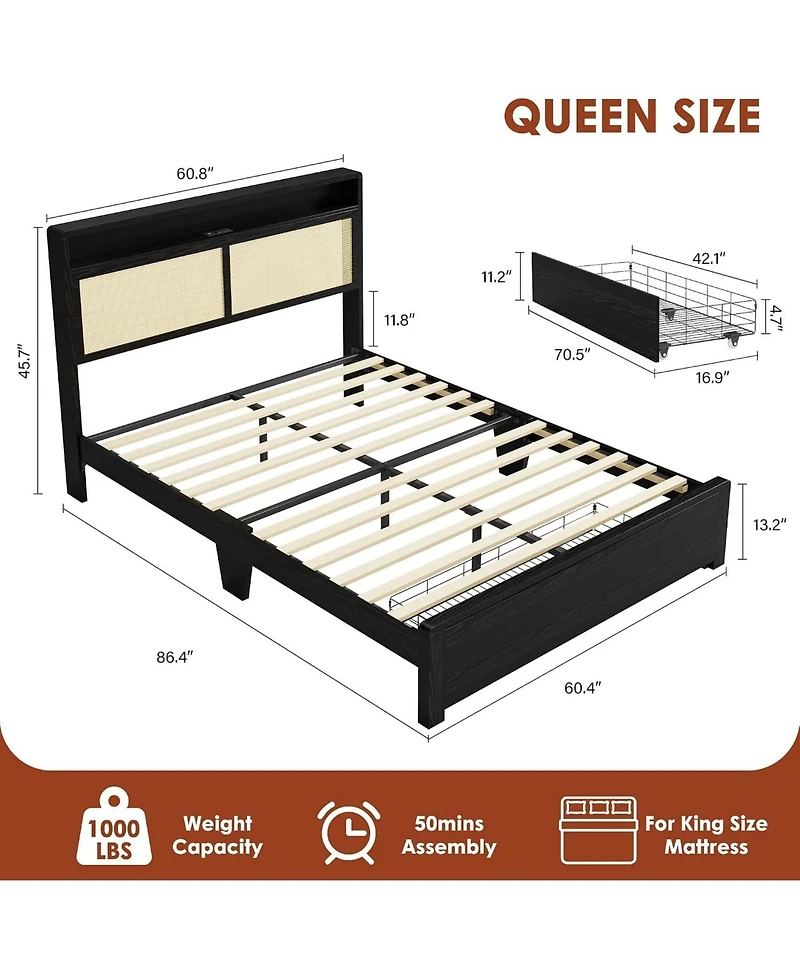 gaomon Rattan Bed Frame with Storage Drawer and Led Lights, Platform Charging Station, Headboard Shelf, Cane Panels