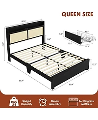 gaomon Rattan Bed Frame with Storage Drawer and Led Lights, Platform Charging Station, Headboard Shelf, Cane Panels