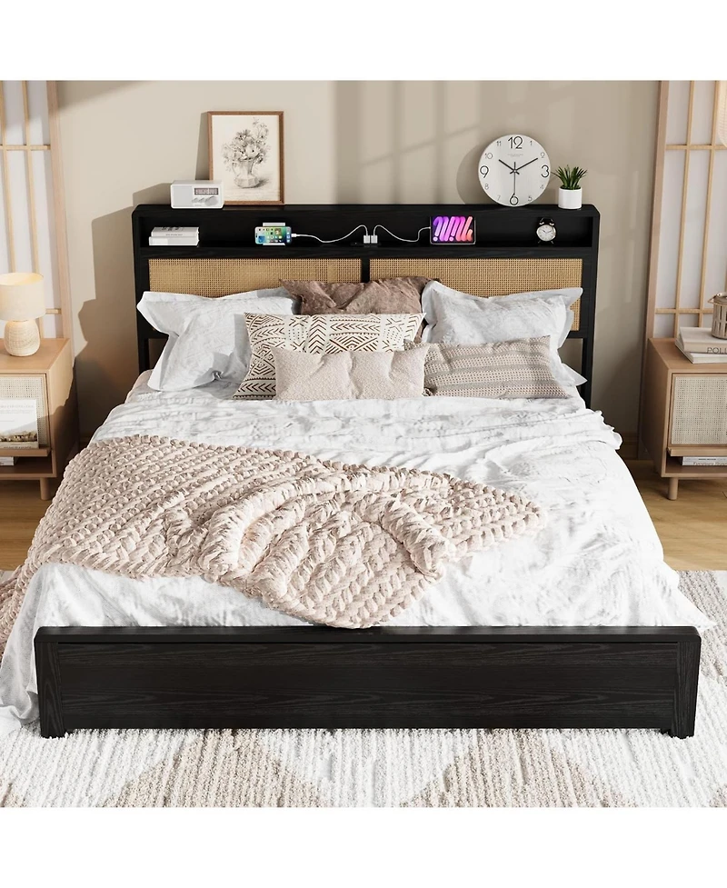 gaomon Rattan Bed Frame with Storage Drawer and Led Lights, Platform Charging Station, Headboard Shelf, Cane Panels