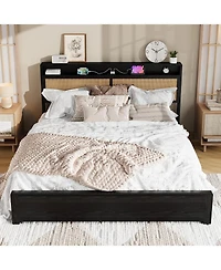 gaomon Rattan Bed Frame with Storage Drawer and Led Lights, Platform Charging Station, Headboard Shelf, Cane Panels