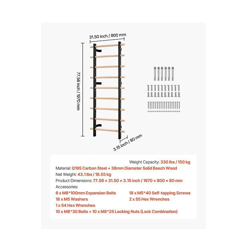 Slickblue 9 Level Swedish Ladder Wall Gym with Suspension Trainer