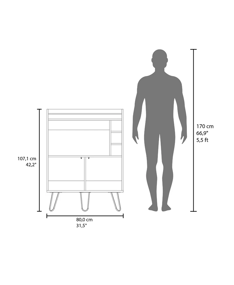 Fm Furniture Otho Bar Cabinet with Drop-Down Door, Wine Storage, Open Shelves, and Hairpin Legs