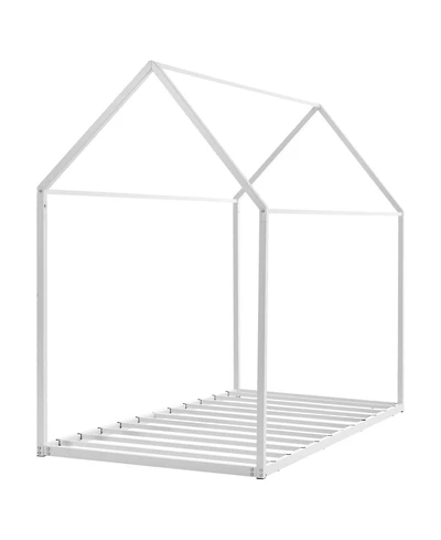 Sugift Twin Size Metal House Bed Frame with Steel Slat Support and Canopy Roof for Kids