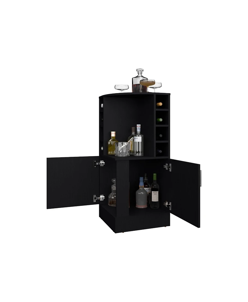 Fm Furniture Toyei Corner Bar Cabinet with Bottle Rack, Open Shelves, and Hidden Storage