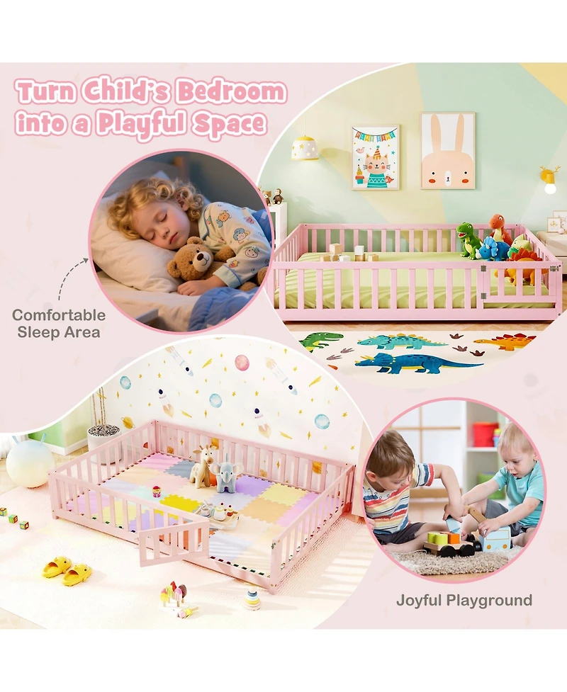 Gymax Full Size Floor Bed Montessori Bed Frame with Full-length Guardrails and Safety Door