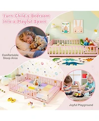 Gymax Full Size Floor Bed Montessori Bed Frame with Full-length Guardrails and Safety Door