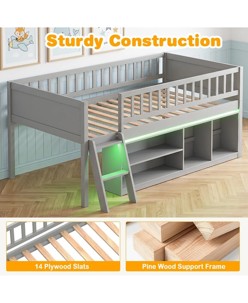 Gymax Twin Size Loft Bed with Adjustable Led Lights Bookshelves Safety Guardrails