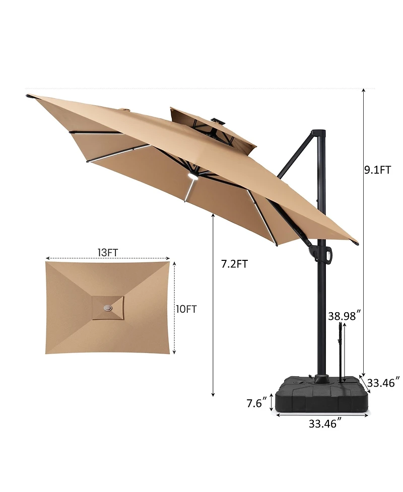 Pellebant Rectangular Solar Powered Led Patio Umbrella Offset Cantilever Umbrella with 350-lb Base