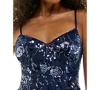 Seni & Cade Juniors' Sequin Floral-Embroidered Fit-and-Flare Mini Dress
