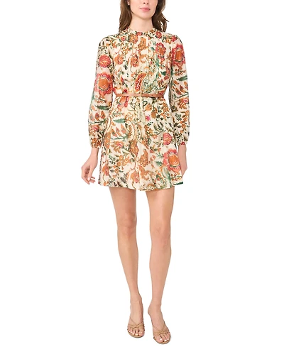 Msk Petites Ruffle Mock Neck Floral-Print Long-Sleeve Dress