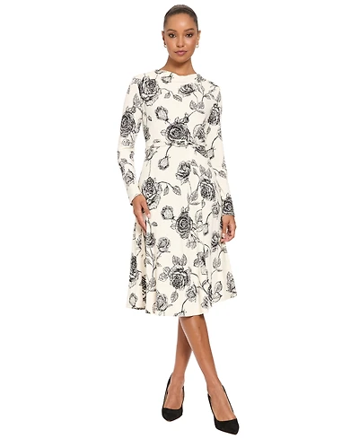 London Times Women's Floral-Print Long-Sleeve Cowl Neck Midi Dress