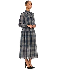 London Times Women's Plaid-Print Midi Tie-Neck Dress