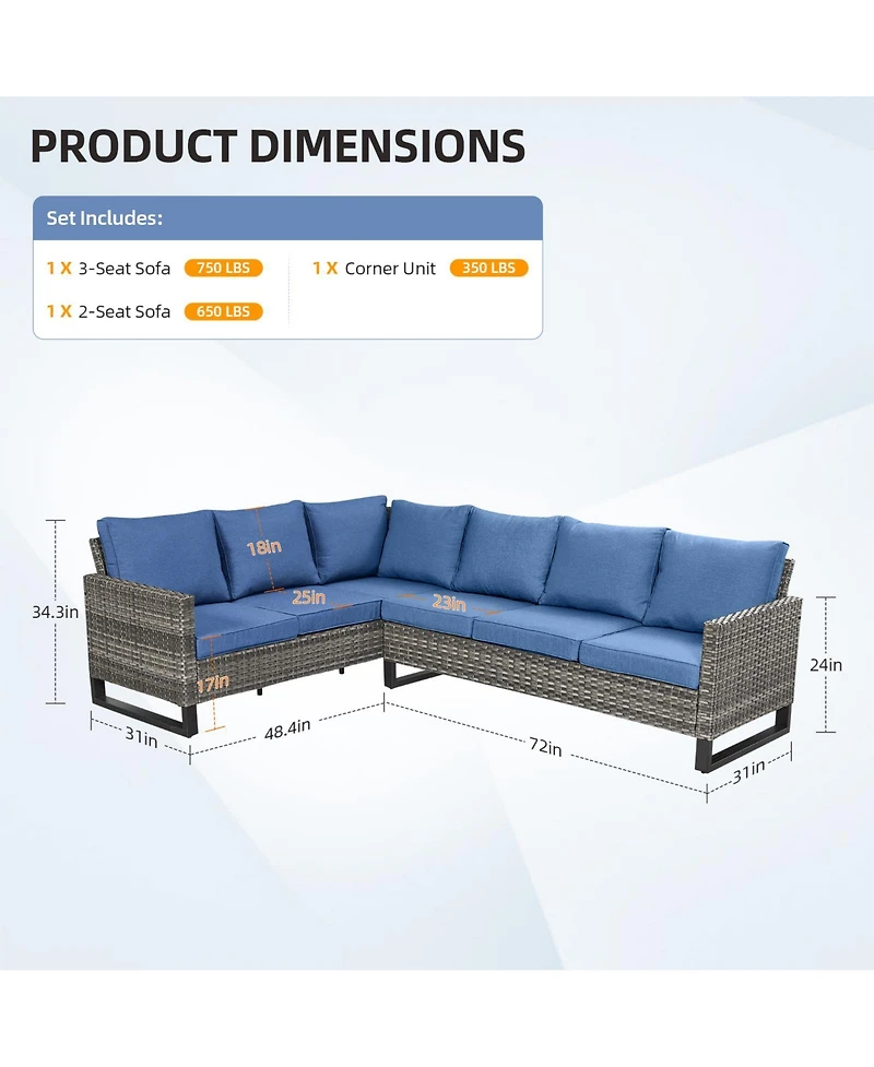 Pocassy 6-Seat Outdoor Sectional Sofa L Shaped Couch Patio Conversation Furniture Set, Wicker with Removable Cushion