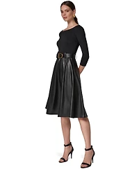 Donna Karan New York Women's Boat Neck Mixed Media Belted Fit & Flare Dress