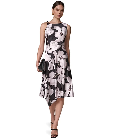 Donna Karan New York Women's Floral Asymmetrical Hem Boat Neck Midi Dress