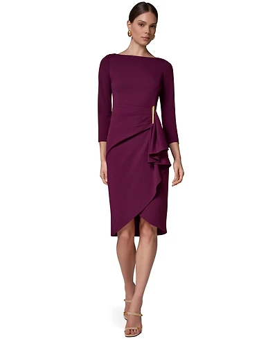 Donna Karan New York Women's Long-Sleeve Boat-Neck Side Cascade Ruffle Dress