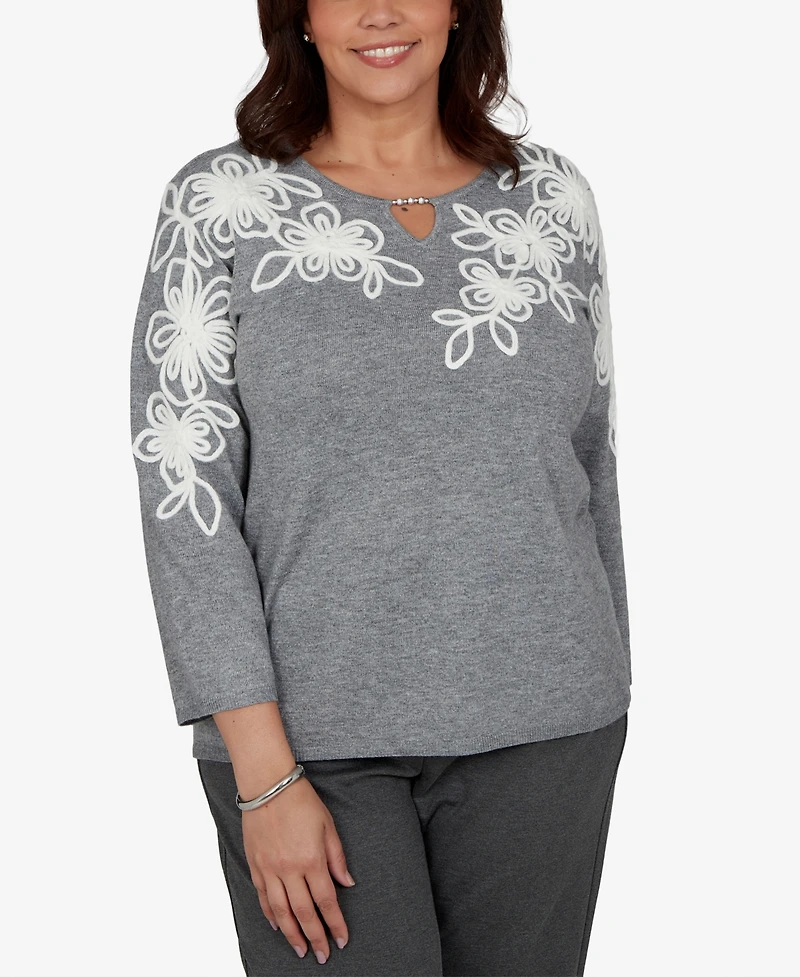 Alfred Dunner Plus 3/4-Sleeve Keyhole Neck Floral Embroidery Sweater