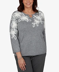Alfred Dunner Plus 3/4-Sleeve Keyhole Neck Floral Embroidery Sweater