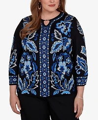 Alfred Dunner Plus Keyhole Neck 3/4-Sleeve Pullover Sweater