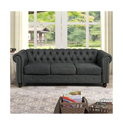 Morden Fort Linen Chesterfield 3 Seat Sofa Living Room Rolled Arm Couch with Button Tufted and Nailhead Trim