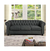 Morden Fort Linen Chesterfield 3 Seat Sofa Living Room Rolled Arm Couch with Button Tufted and Nailhead Trim