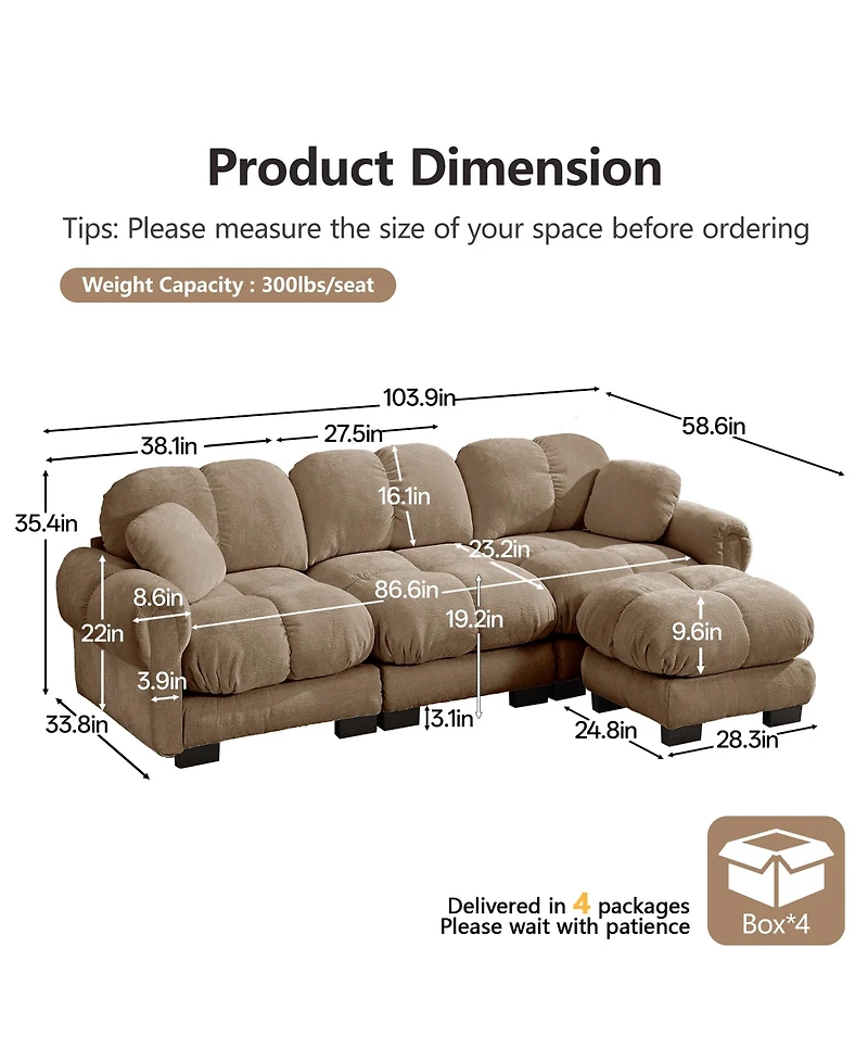 Clihome Oversize Chenille L-Shaped Sofa,Deep Seat Sofa Couch with Movable Ottoman