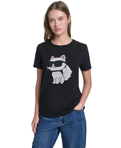 Karl Lagerfeld Paris Women's Sequin Choupette Crewneck T-Shirt