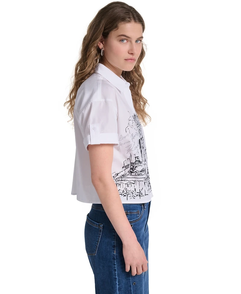 Karl Lagerfeld Paris Women's Cotton Crop Scene Button-Front Top