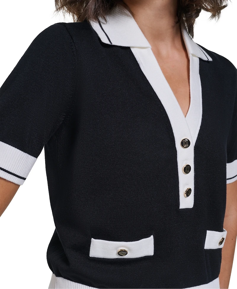 Karl Lagerfeld Paris Women's Short-Sleeve Collared Sweater