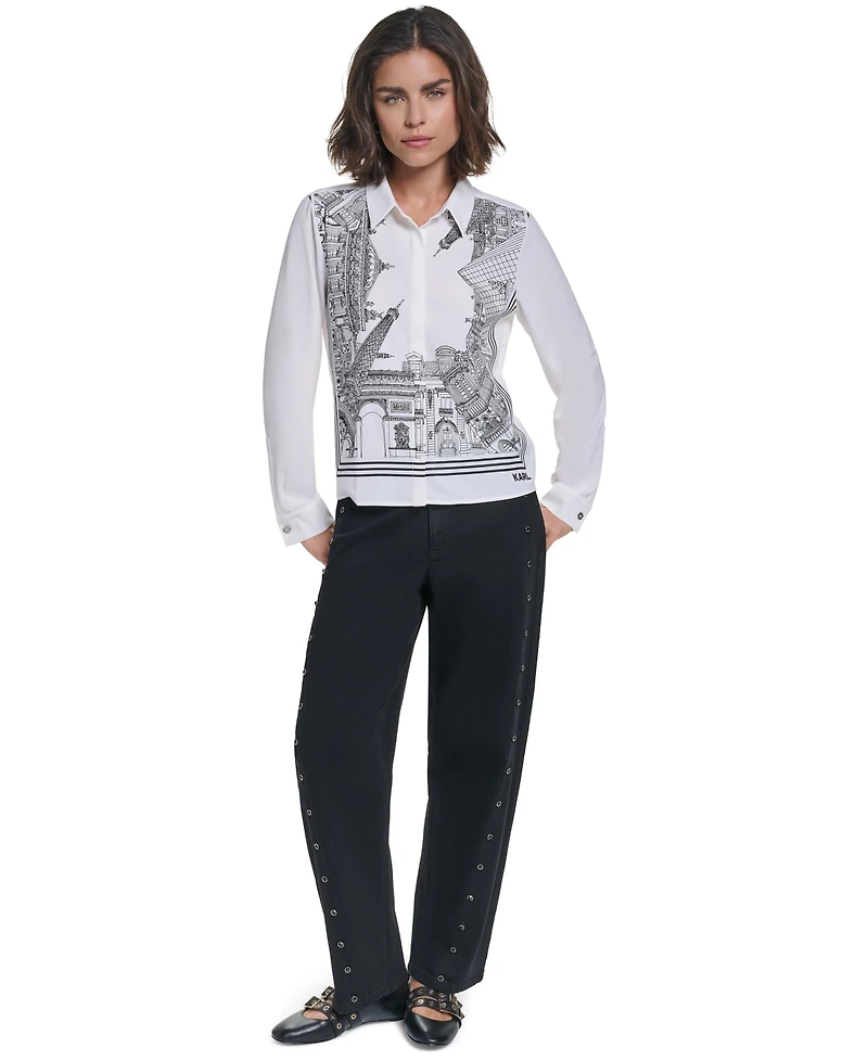 Karl Lagerfeld Paris Women's Placed Print Button Down Top