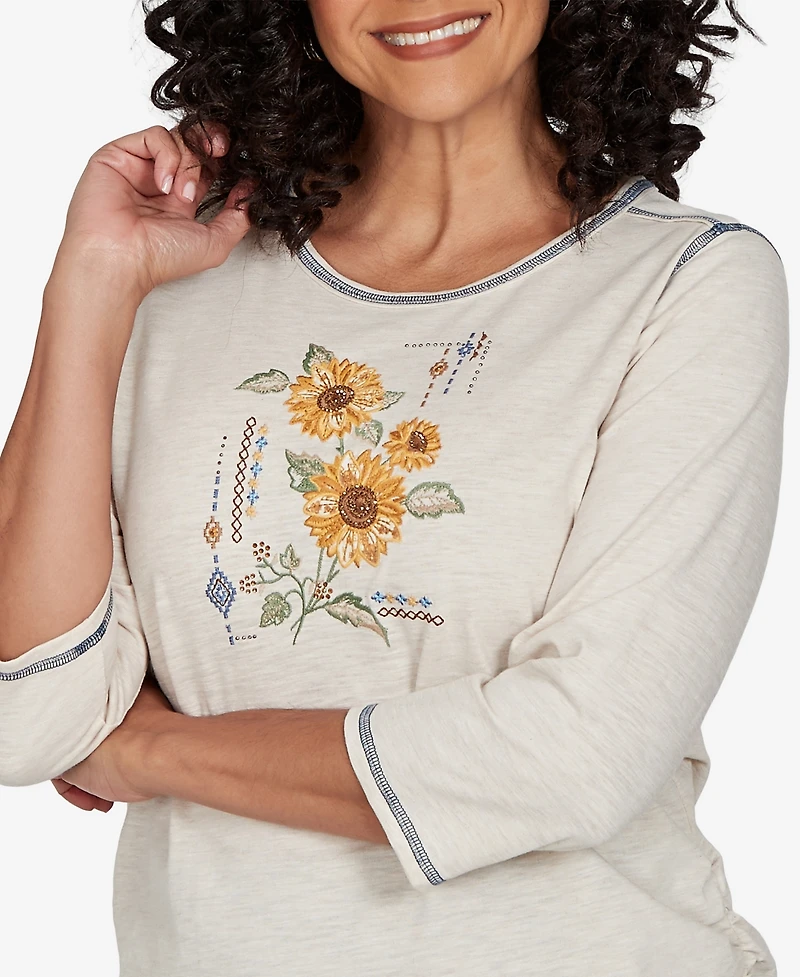 Alfred Dunner Petite Sunflower-Embroidery Crewneck 3/4-Sleeve Cotton-Blend T-Shirt