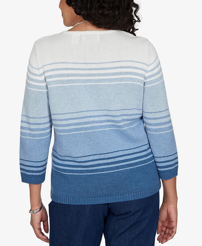 Alfred Dunner Petite Crewneck 3/4-Sleeve Stripe Sweater