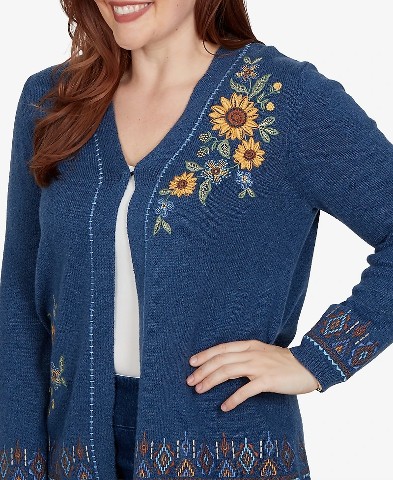Alfred Dunner Petite V-Neck Long-Sleeve Floral Embroidery Cotton-Blend Cardigan